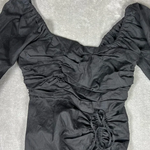 Free People Dress Womens XS Looking Stunning Black Puff Sleeve Slit Ruched Midi - Picture 5 of 10